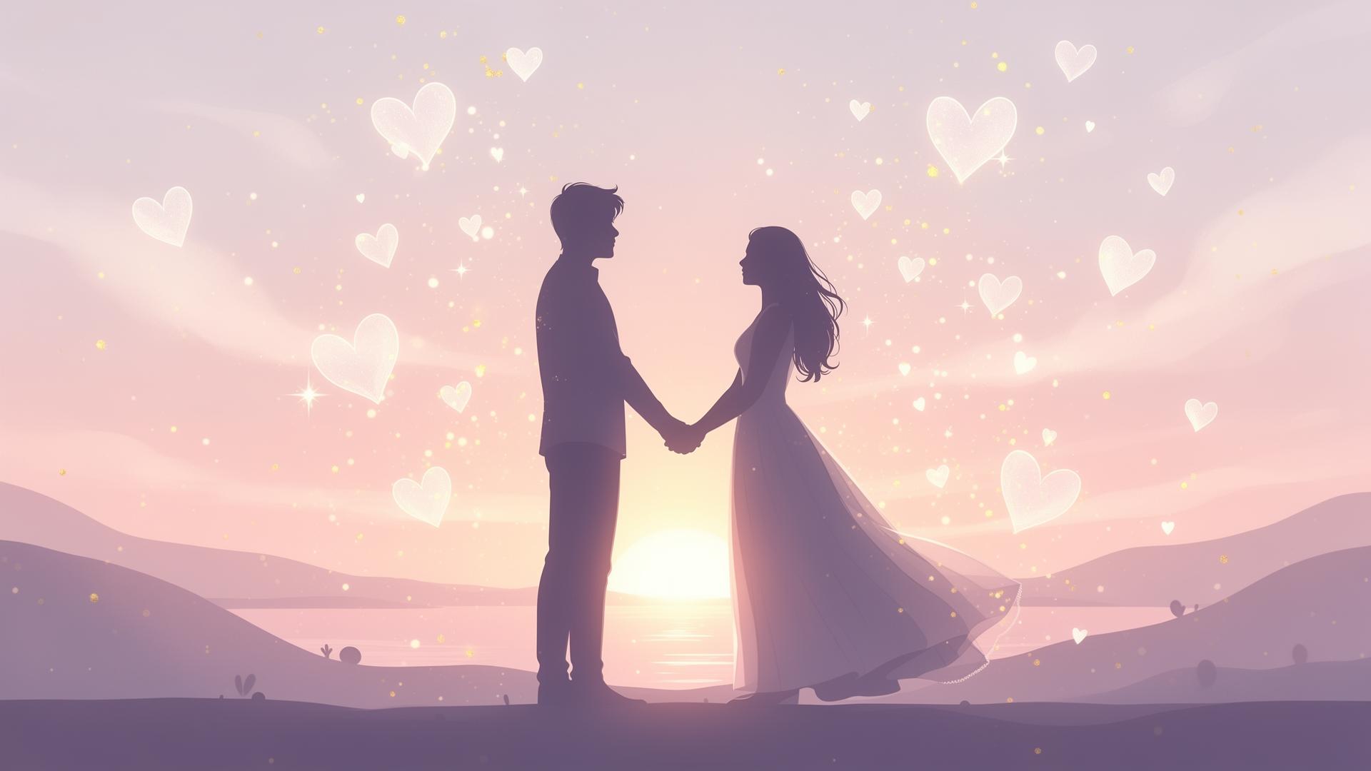 Couple romantique au coucher de soleil avec des cœurs flottants
